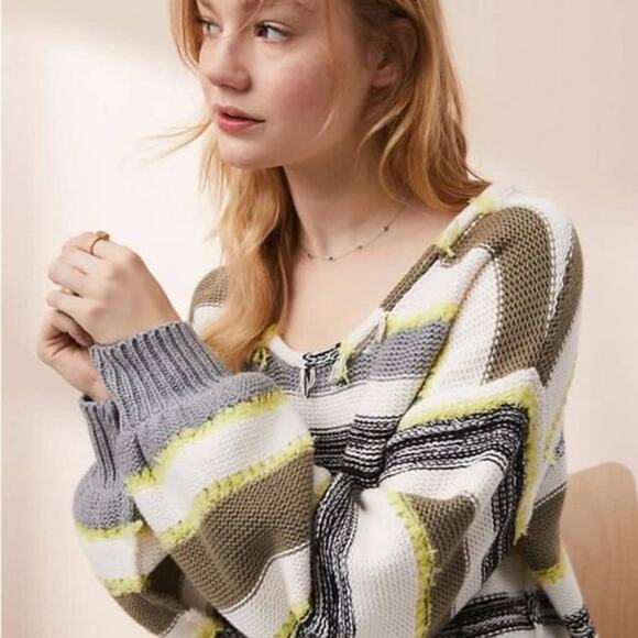 Lou & Grey Green White Striped Fringe Time Pullover Sweater Women's Small - Picture 2 of 8